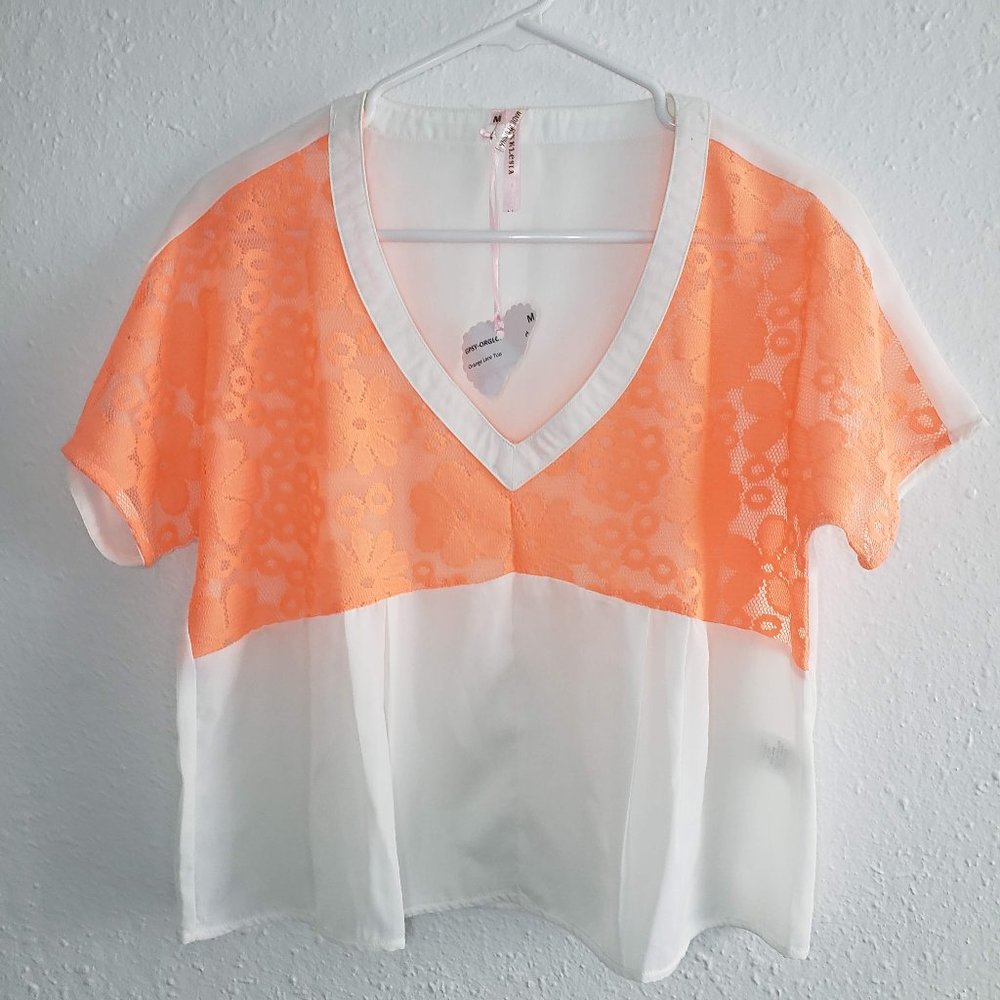 NEW Ekklesia Women's Size M Orange White Blouse Floral Shirt Lace Top